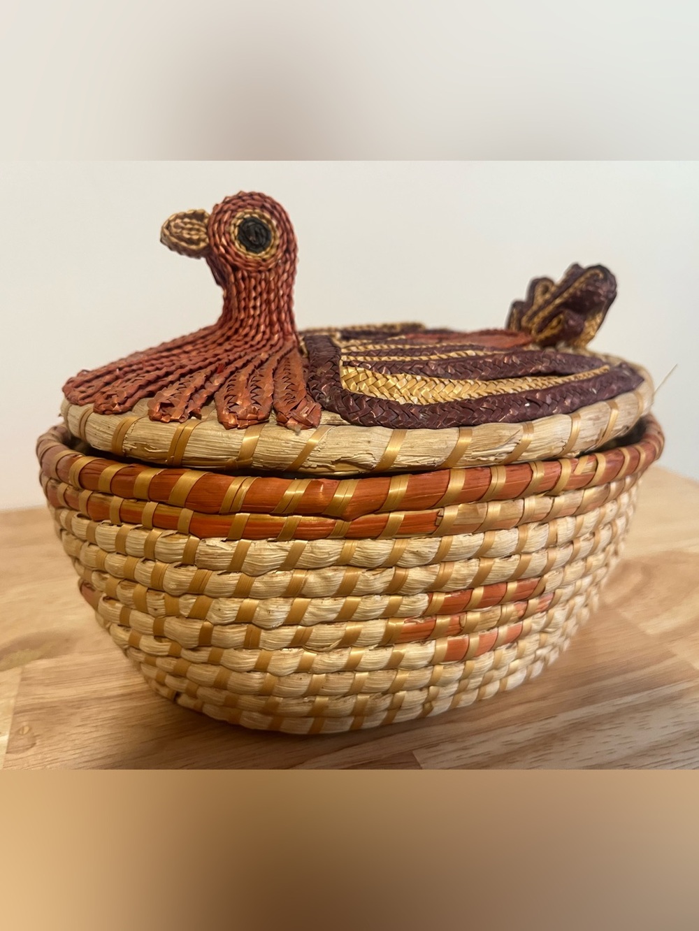 Handwoven Turkey Lidded Basket in Brown and Natural